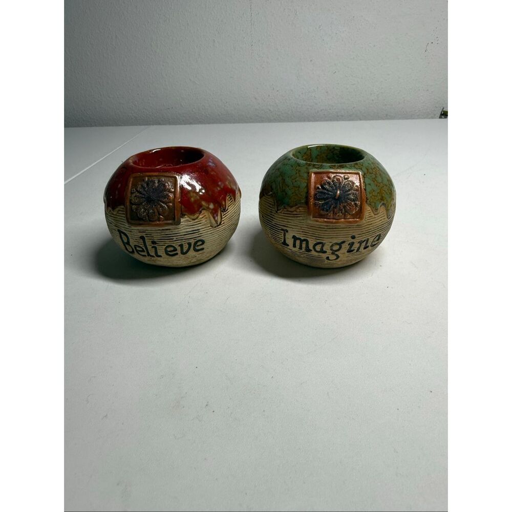 Elements 2 Stoneware Drip Glaze Candle Holders Imagine/ Believe Flower Plaques